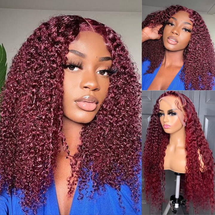 99J Red Burgundy Colored Curly 13x4 Lace Front HD Wig Glueless Human Hair Wig