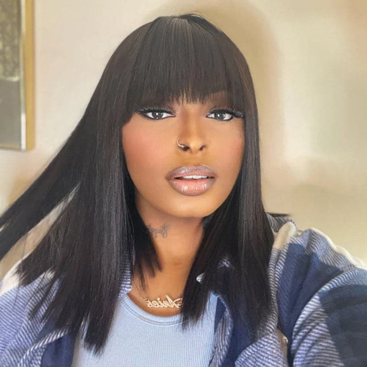 True Scalp Wig Straight Human Hair Bob Wig With Bangs 180 Density