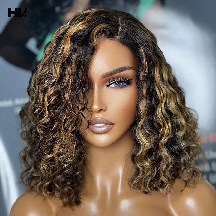 [Kayla] Highlight Honey Blonde Bob Water Wave 4x4 Lace Human Hair Wig