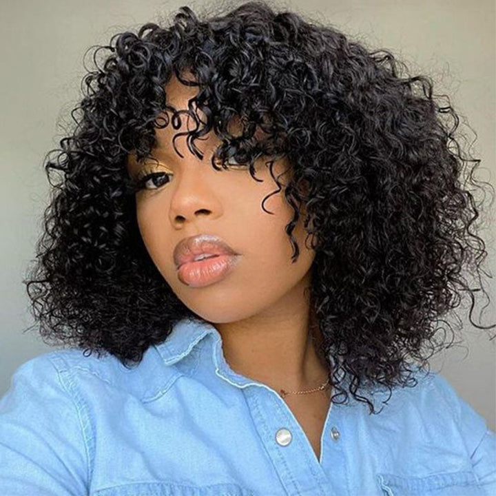 Curly Bob Glueless Wig With Bangs Full Machinemade Human Hair Wig