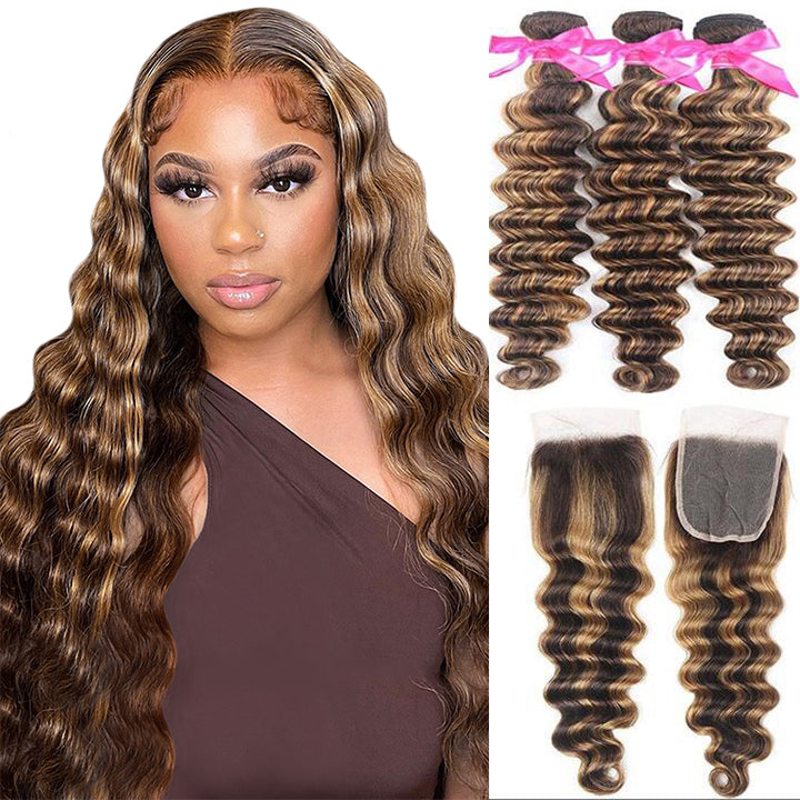 Highlight Brown P4/27 Loose Deep Hair 3 Bundles With 4x4 Lace Closure Human Hair Weaves