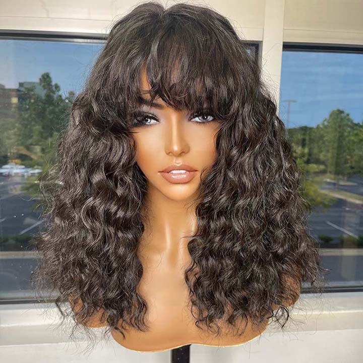 True Scalp Wig Water Wave Human Hair Wigs with Bangs 180% Density