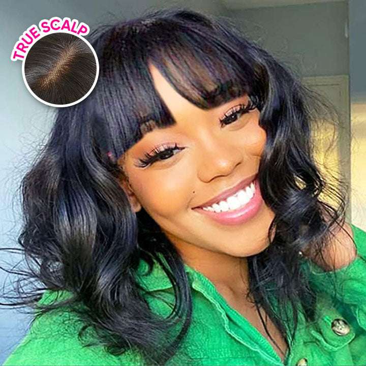 True Scalp Wig Body Wave Lace Wigs with Bangs Bob Glueless Wig