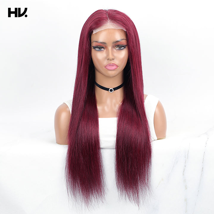 Pre Cut Lace Glueless Straight Burgundy Red Wine 4x4 Lace Human Hair Wig [Rio]