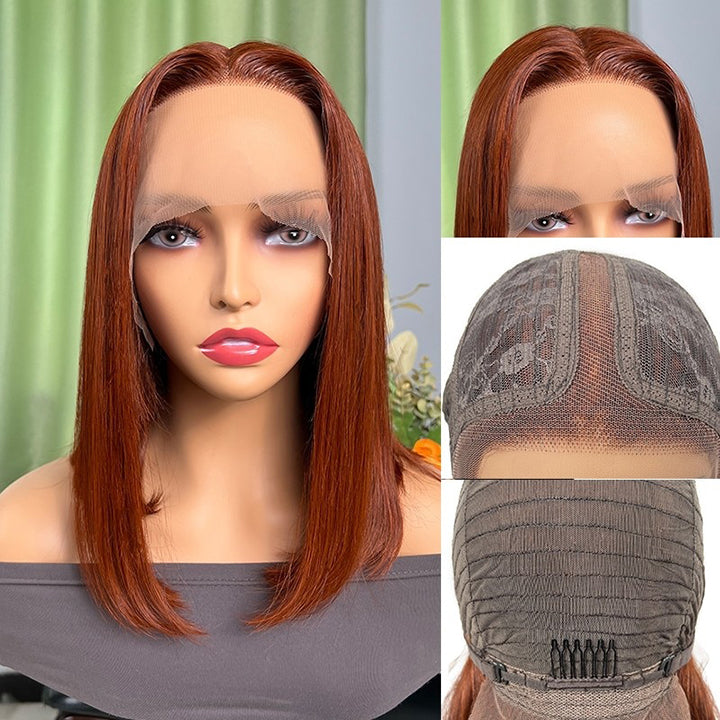 Short Auburn Brown Bob Wig Lace Part Bob Lace Front Wigs 180% Density