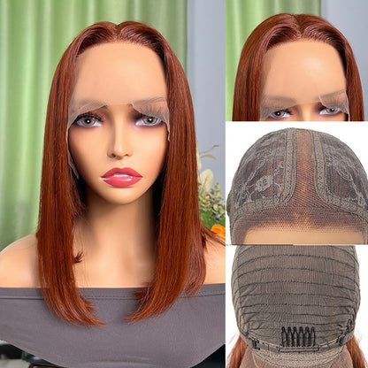 Short Auburn Brown Bob Wig Lace Part Bob Lace Front Wigs 180% Density