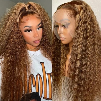 Highlight Honey Brown Curly 13x4 Lace Front Wig Glueless Human Hair Wig