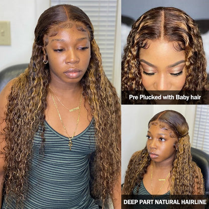 Highlight Honey Brown Curly 13x4 Lace Front Wig Glueless Human Hair Wig