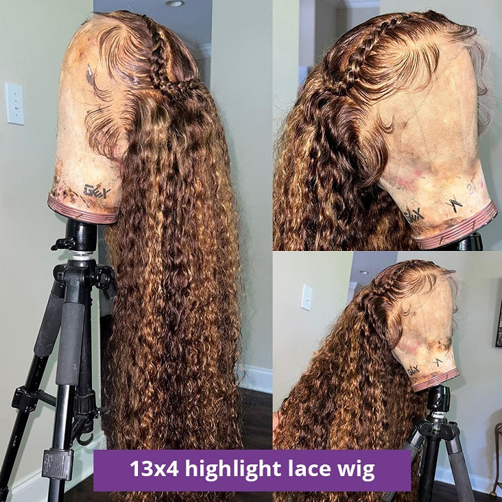 Highlight Honey Brown Curly 13x4 Lace Front Wig Glueless Human Hair Wig