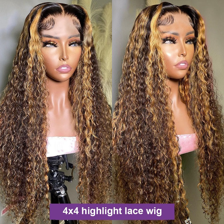 Highlight Honey Brown Curly 13x4 Lace Front Wig Glueless Human Hair Wig