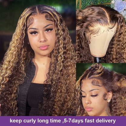 Highlight Honey Brown Curly 13x4 Lace Front Wig Glueless Human Hair Wig