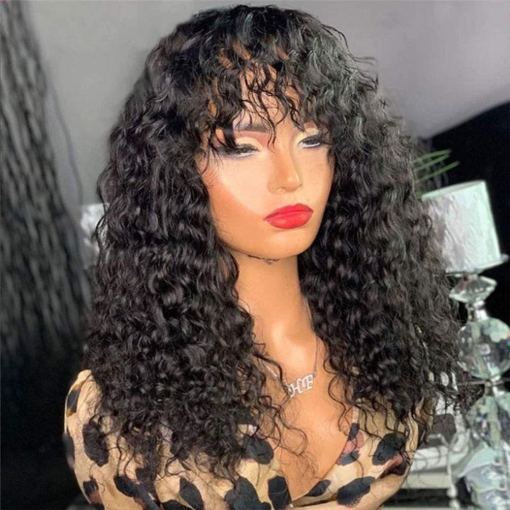 Glueless Curly Wig With Bangs Full Machinemade Human Hair Wig