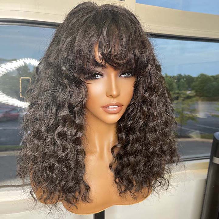 True Scalp Wig Water Wave Human Hair Wigs with Bangs 180% Density