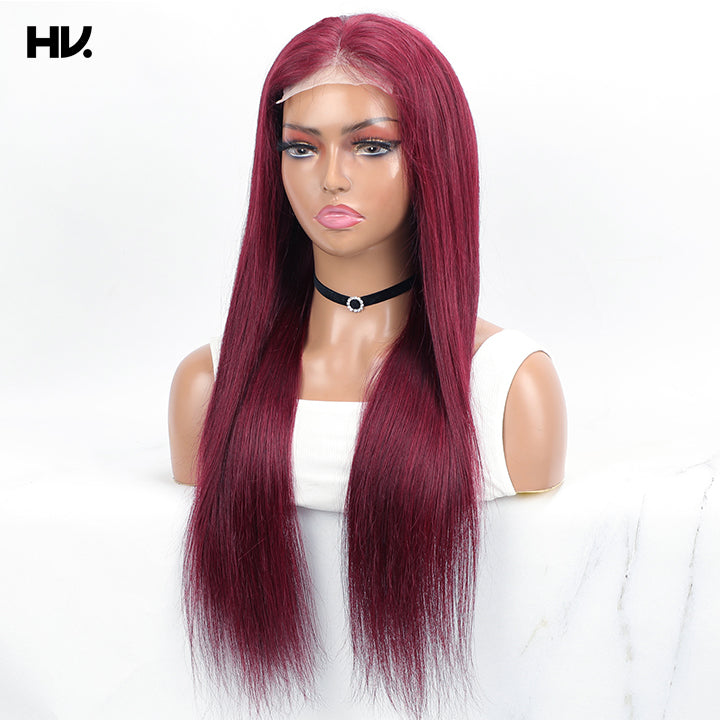 Pre Cut Lace Glueless Straight Burgundy Red Wine 4x4 Lace Human Hair Wig [Rio]