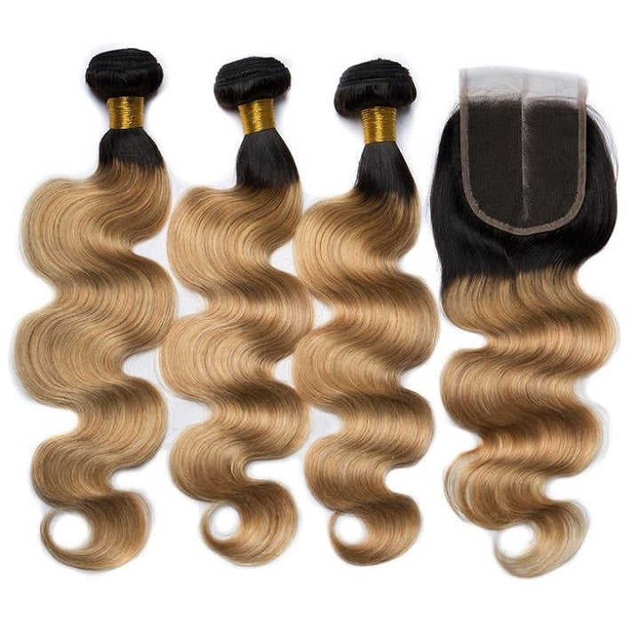 T1B/27 Body Wave Hair 3 Bundles With 4x4 Closure 100% Human Hair Weaves