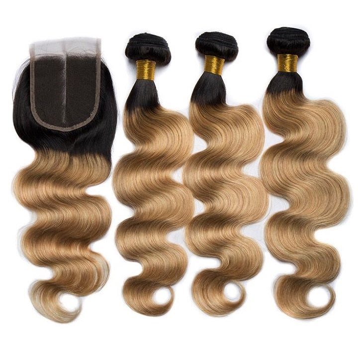 T1B/27 Body Wave Hair 3 Bundles With 4x4 Closure 100% Human Hair Weaves