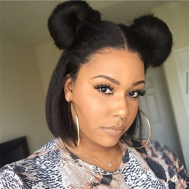 Kinky Straight V Part Handtied Bob Wig Glueless Human Hair Wig No Leave Out