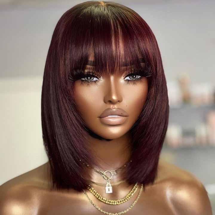 Burgundy Straight Bob Layer Cut Wig With Bangs Full Machinemade Glueless Human Hair Wig