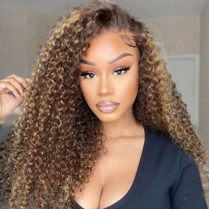 Pre Cut Lace Wigs Wear &amp; Go Wig Honey Blonde Highlight Jerry Curly Wigs