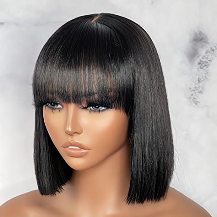 True Scalp Wig Straight Human Hair Bob Wig With Bangs 180 Density