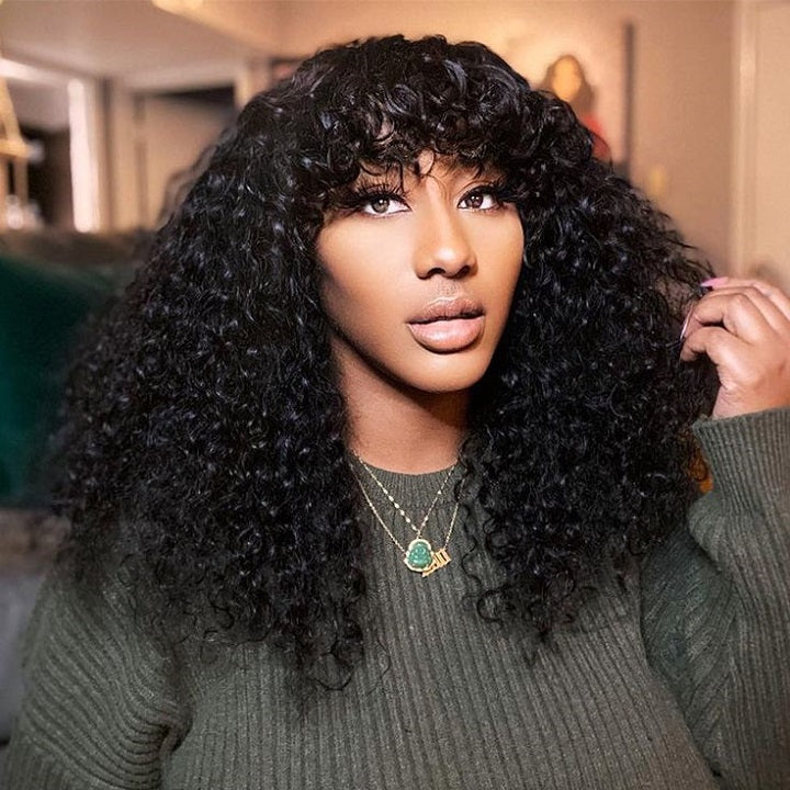 True Scalp Glueless Curly Wig Human Hair Wig With Bangs