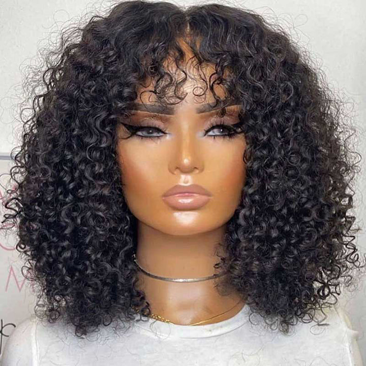 True Scalp Wig  Short Curly Bob Wig with Bangs Human Hair Ready to Go Wig
