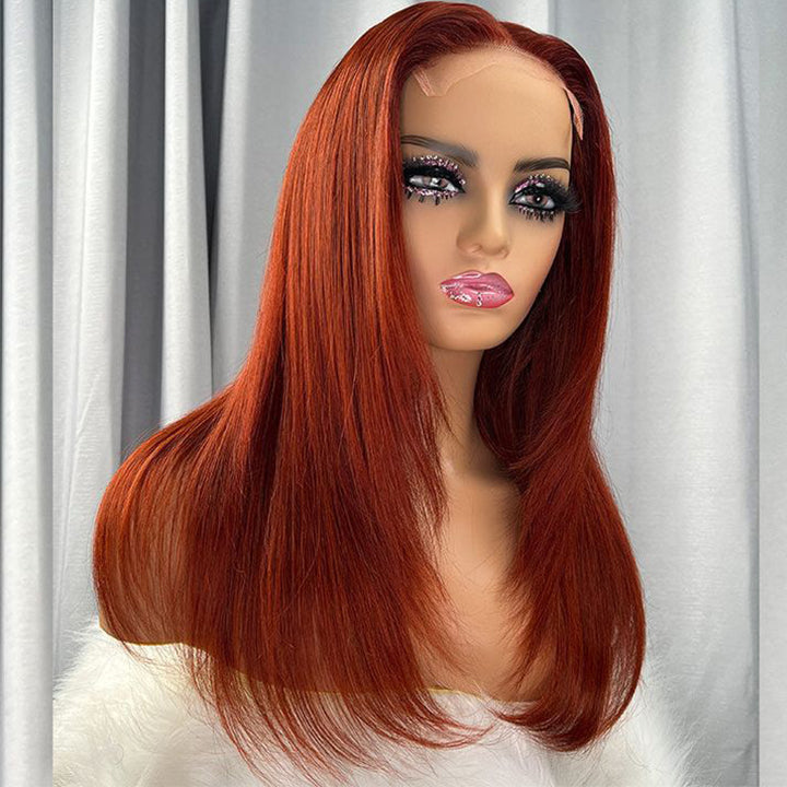 Ginger Color Straight Layer Cut Burnt 5x5 Lace Wig Glueless Butterfly Haircut Human Hair Wig