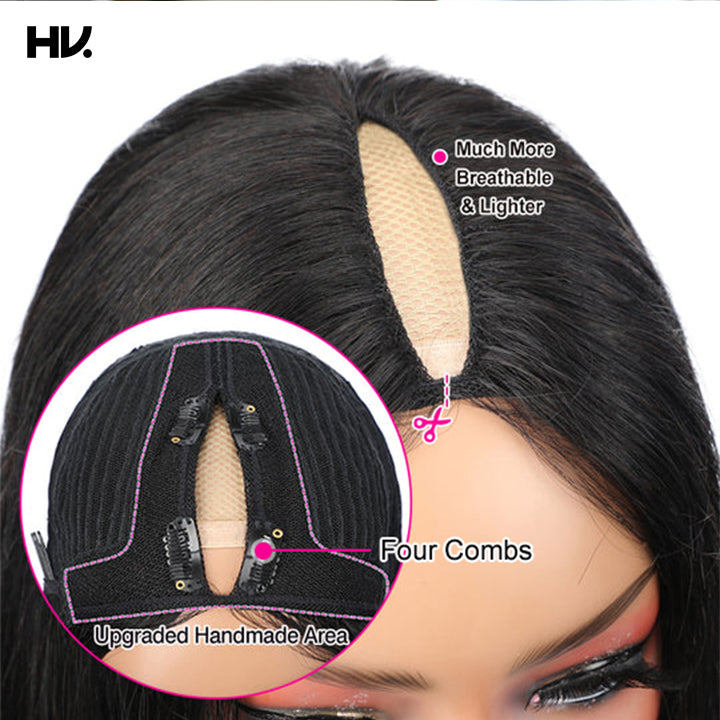 Kinky Straight V Part Handtied Bob Wig Glueless Human Hair Wig No Leave Out
