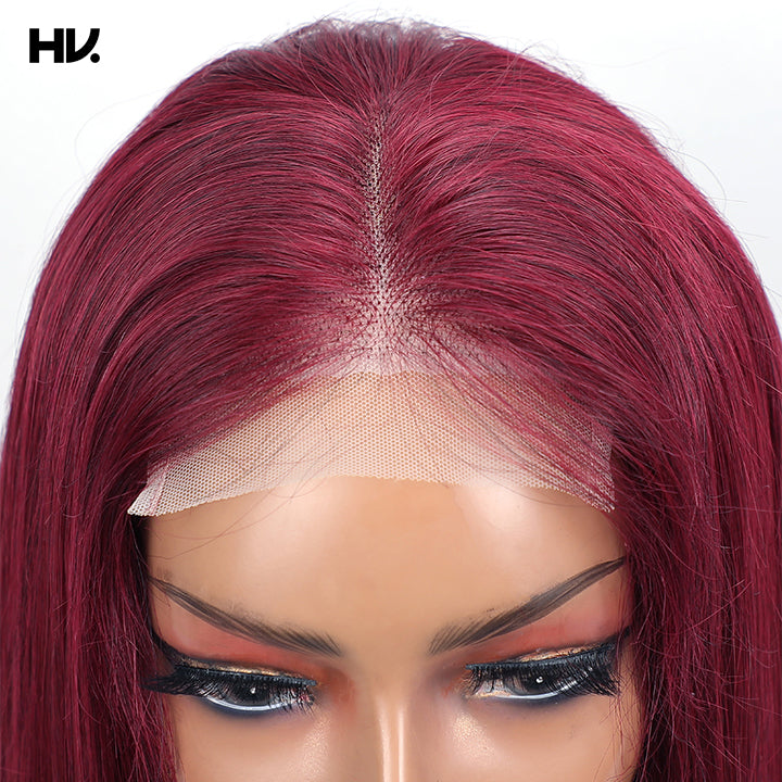 Pre Cut Lace Glueless Straight Burgundy Red Wine 4x4 Lace Human Hair Wig [Rio]