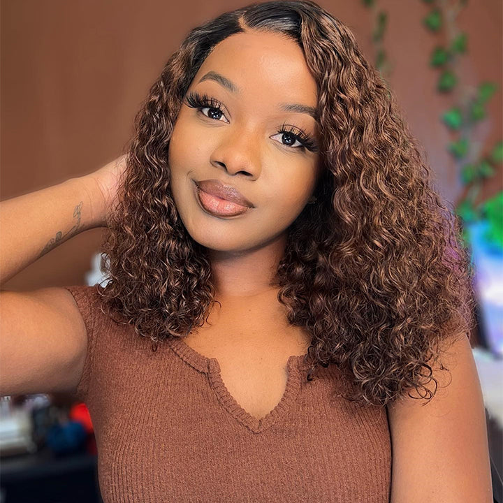 Ombre Brown Deep Curly 13x4 HD Lace Front Bob Wig Glueless Human Hair Wig