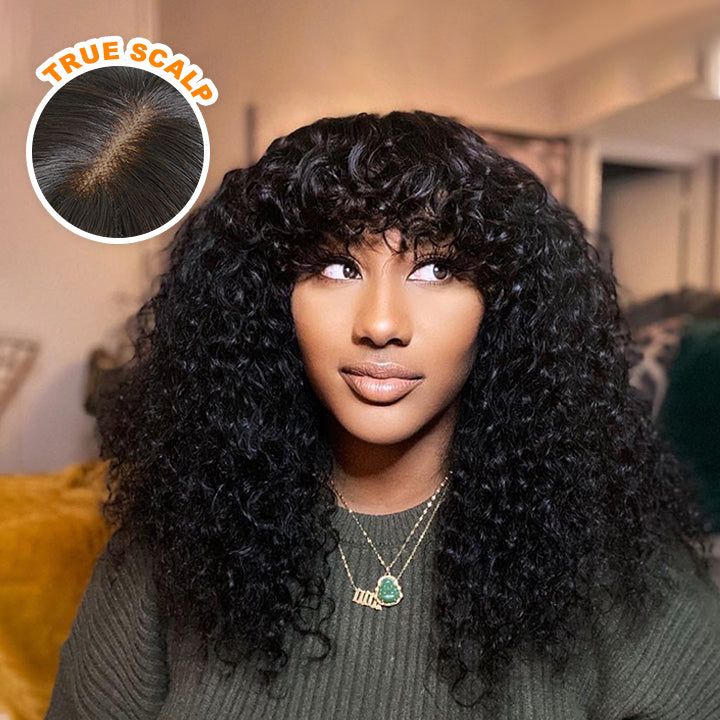True Scalp Glueless Curly Wig Human Hair Wig With Bangs