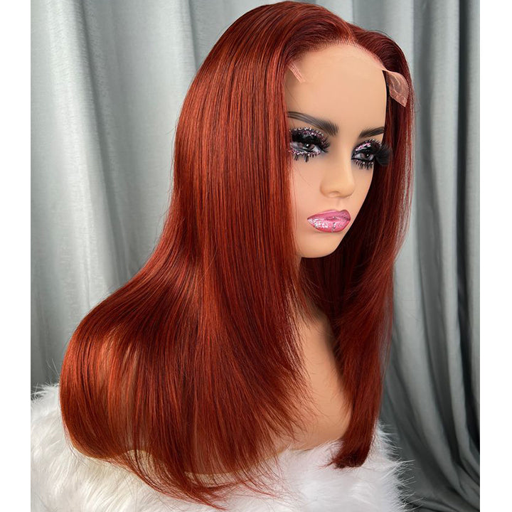 Ginger Color Straight Layer Cut Burnt 5x5 Lace Wig Glueless Butterfly Haircut Human Hair Wig