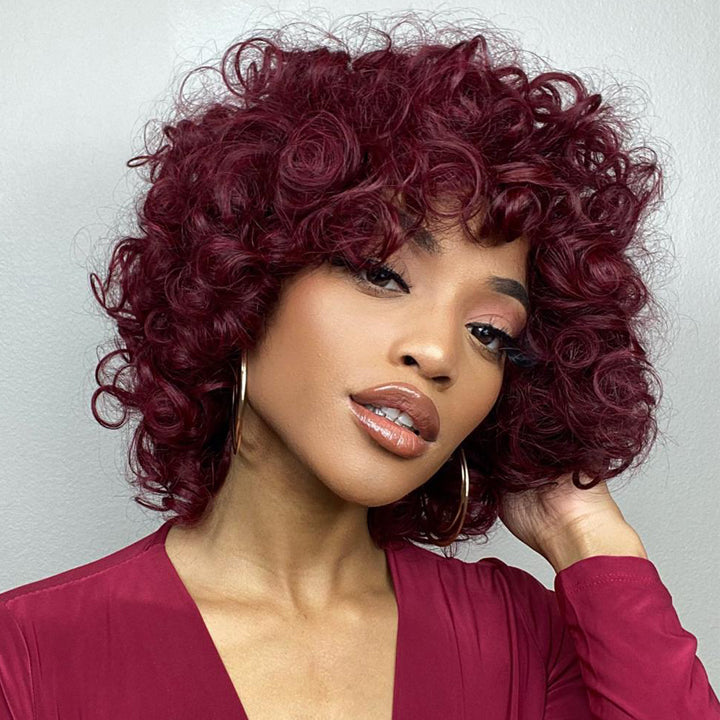 T1B/30 Rose Bouncy Curly Wig With Bangs Glueless 99J Machinemade Human Hair Wig Double Drawn