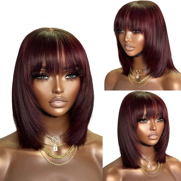 Burgundy Straight Bob Layer Cut Wig With Bangs Full Machinemade Glueless Human Hair Wig