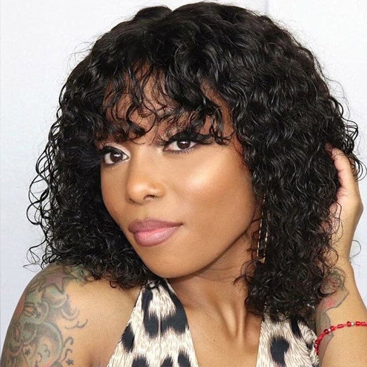 True Scalp Wig Water Wave bob Wigs with Bangs Short Black Wig for Women