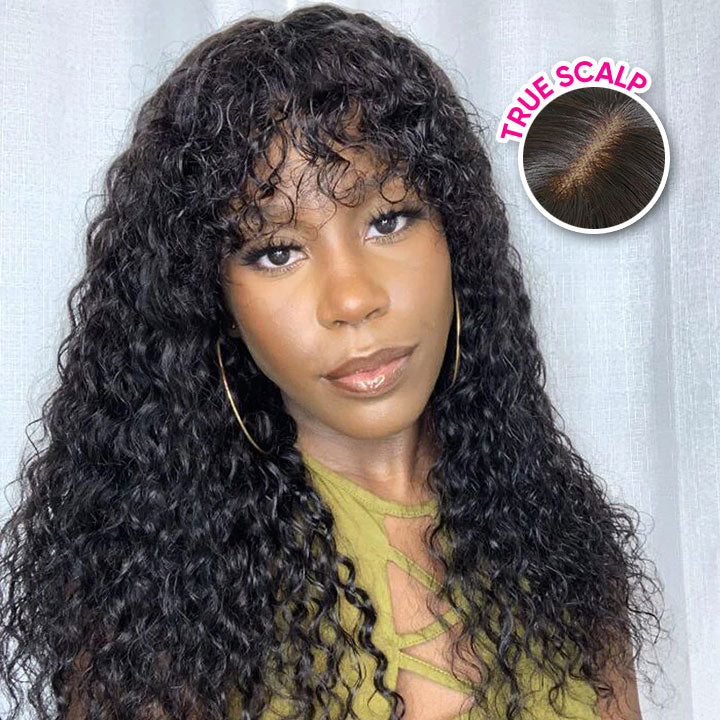 True Scalp Wig Water Wave Human Hair Wigs with Bangs 180% Density