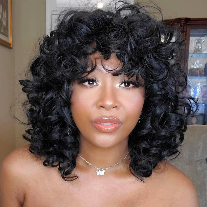 T1B/30 Rose Bouncy Curly Wig With Bangs Glueless 99J Machinemade Human Hair Wig Double Drawn