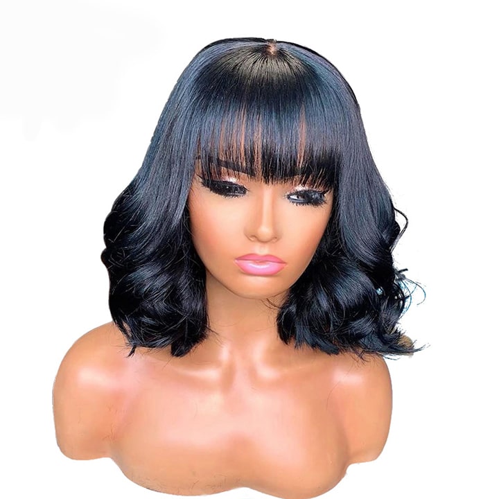 Short Wavy Bob 13x4 HD Lace Front Wig With Bangs Glueless Human Hair Wig