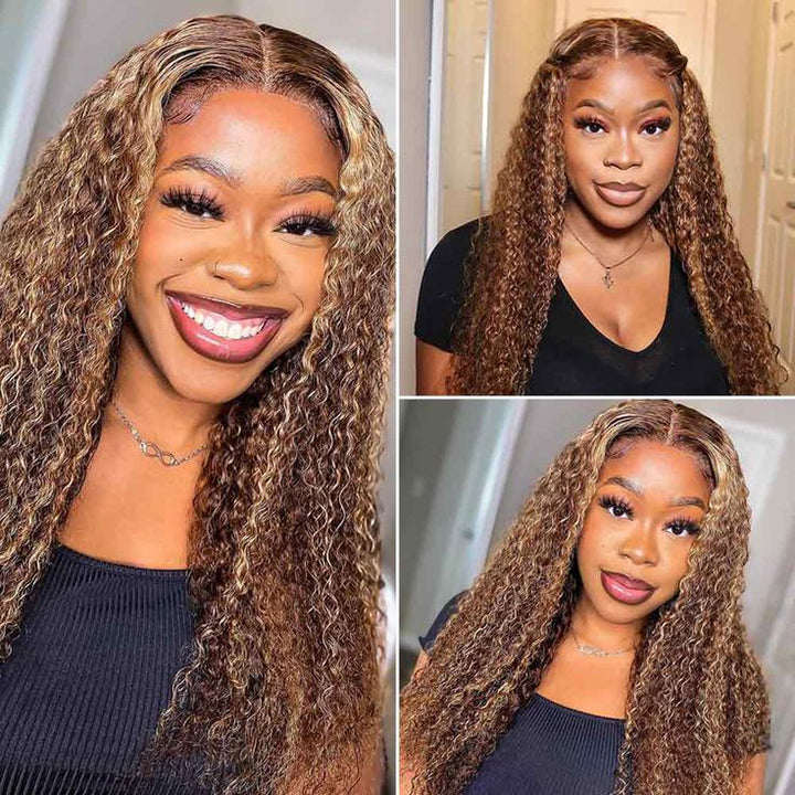 Pre Cut Lace Wigs Wear &amp; Go Wig Honey Blonde Highlight Jerry Curly Wigs
