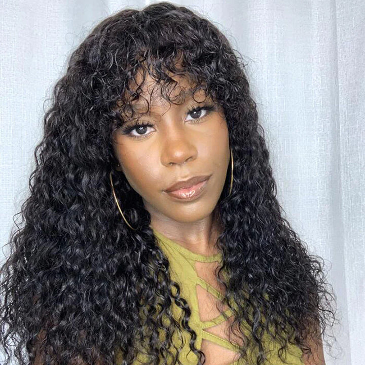 True Scalp Wig Water Wave Human Hair Wigs with Bangs 180% Density