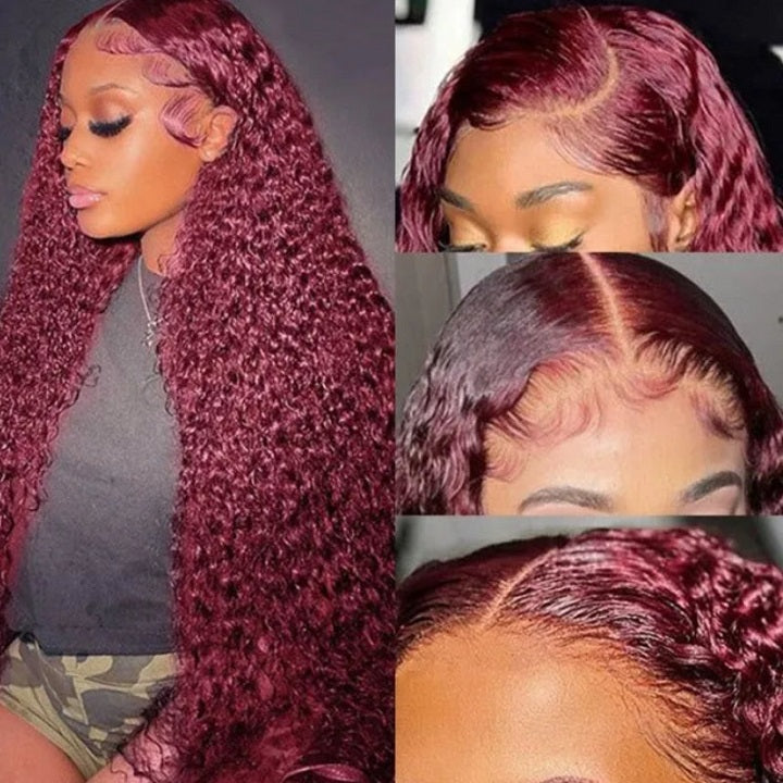 99J Red Burgundy Colored Curly 13x4 Lace Front HD Wig Glueless Human Hair Wig