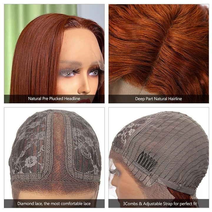 Short Auburn Brown Bob Wig Lace Part Bob Lace Front Wigs 180% Density