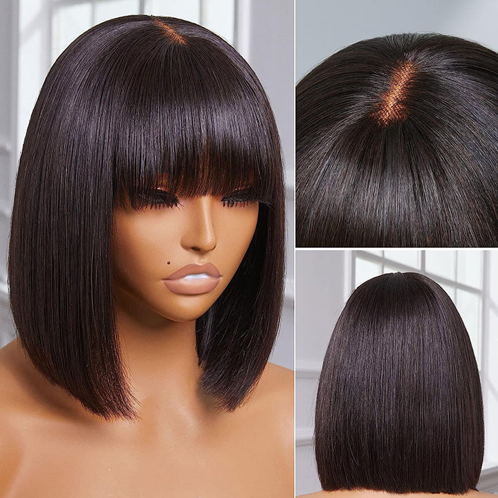 True Scalp Wig Straight Human Hair Bob Wig With Bangs 180 Density