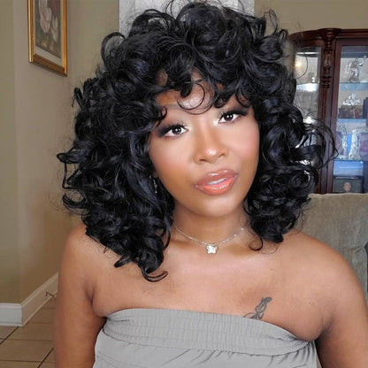 T1B/30 Rose Bouncy Curly Wig With Bangs Glueless 99J Machinemade Human Hair Wig Double Drawn