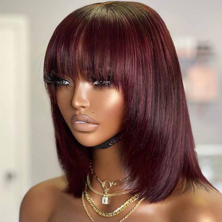 Burgundy Straight Bob Layer Cut Wig With Bangs Full Machinemade Glueless Human Hair Wig