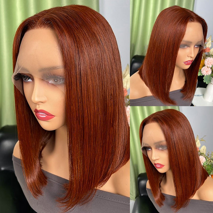 Short Auburn Brown Bob Wig Lace Part Bob Lace Front Wigs 180% Density