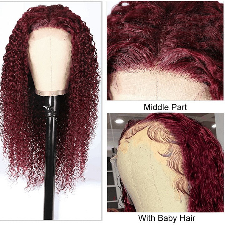 99J Red Burgundy Colored Curly 13x4 Lace Front HD Wig Glueless Human Hair Wig