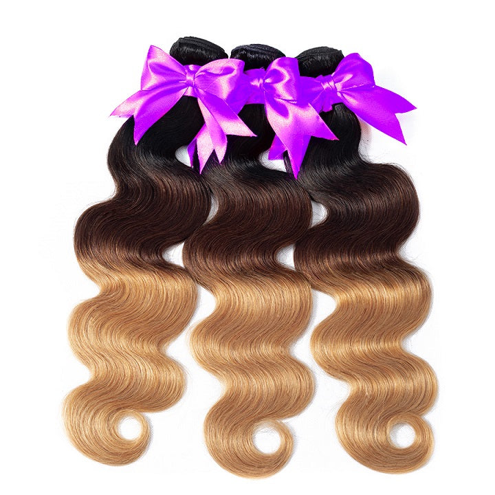T1B/4/27 Body Wave Hair 3 Bundles With 4x4 Lace Closure 100% Human Hair Weaves