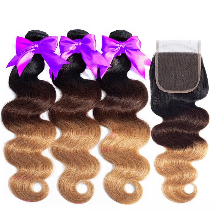 T1B/4/27 Body Wave Hair 3 Bundles With 4x4 Lace Closure 100% Human Hair Weaves