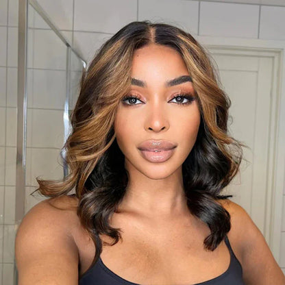 Flash Deal $119.99 10&quot; Highlight Honey Brown Wavy 5x5 Lace Bob Wig Glueless Human Hair Wigs